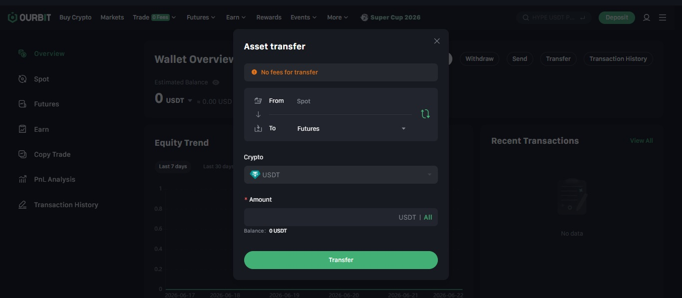 پنجره Transfer برای انتقال داخلی بین حساب‌ها