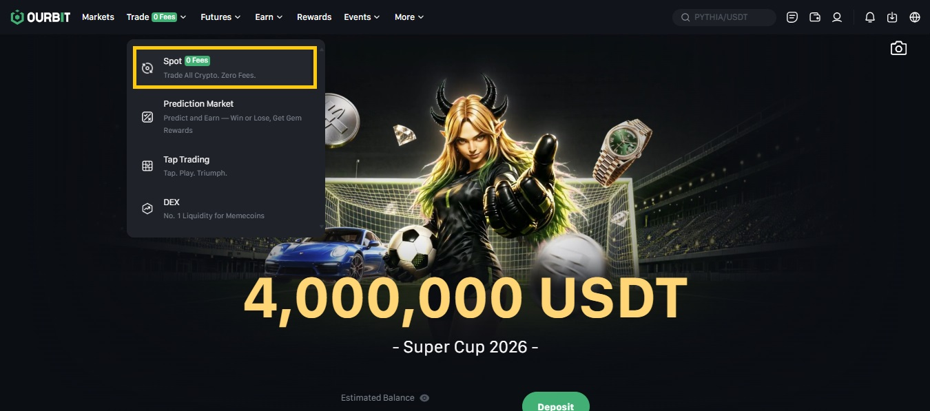ورود به بازار اسپات اوربیت از منوی Trade و گزینه Spot