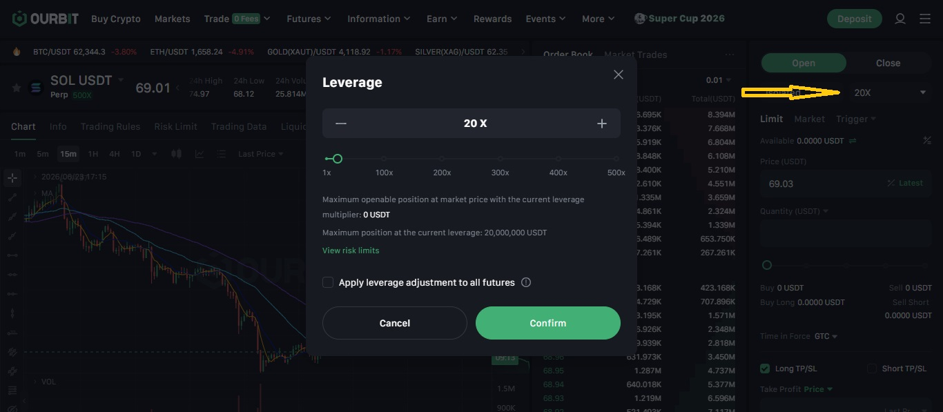 پنجره انتخاب اهرم معاملاتی Leverage در اوربیت