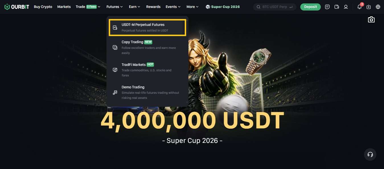 انتخاب قراردادهای USDT-M Perpetual از منوی Futures اوربیت