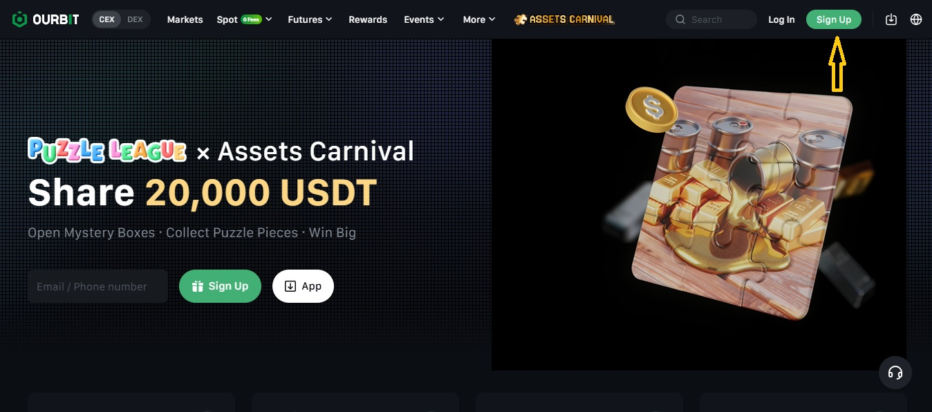 گزینه Sign Up در منوی وبسایت اوربیت برای شروع ثبتنام