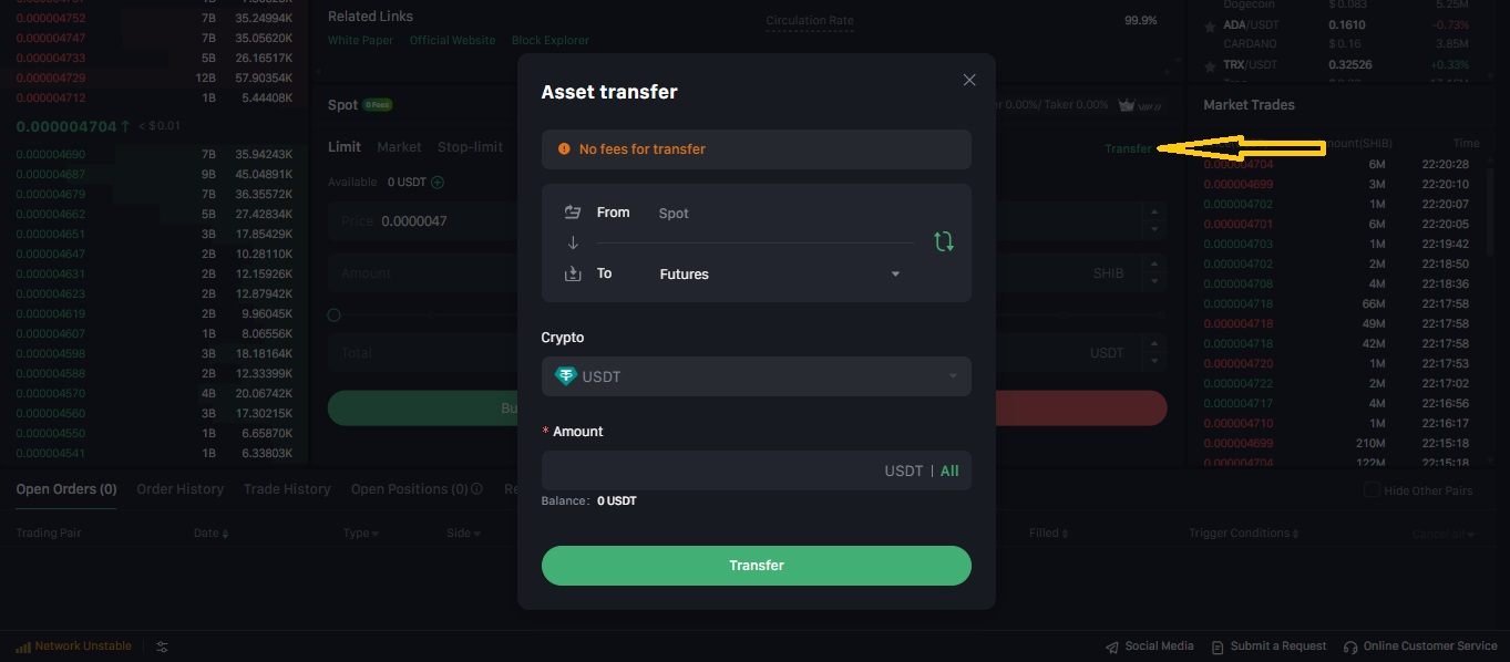گزینههای Deposit و Transfer برای تأمین موجودی حساب اسپات